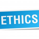 ethics blue square sticker isolated on white