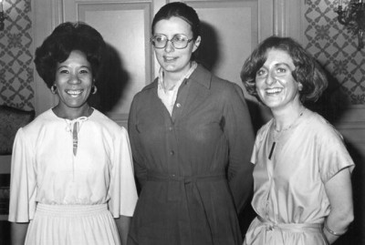  Nursing Pulse.jpg: Jocelyn Hezekiah (left) was president-elect of RNAO in this image from the 1977 annual general meeting. Maureen Powers (centre) and Irmajean Bajnok (right) were executive director and president, respectively. 