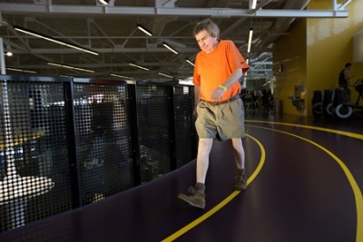 Cardiac-rehab patient Doug Hunter hits his stride on the indoor track at Clareview Community Recreation Centre.into a lifelong exercise habit at Clareview Community Recreation Centre in Edmonton, Alberta on Monday, February 1, 2016.  Amber Bracken
