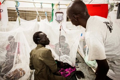 Blood transfusions underway for malaria pateints with anemia. Blood is collected on site by family donors whose blood is tested for Malaria, Syphilis, Hep B and C, HIV and blood grouping. Bentiu POC. Photo by Brendan Bannon. September 2015. Bentiu, South Sudan