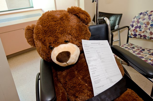 This furry “patient” was safely moved from 5A to 5D with his patient identifiers, medical chart and wheelchair. Photo credit: SickKids