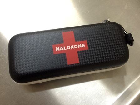 Naloxone is an opioid-blocking drug that has been used to quickly reverse heroin, morphine, OxyContin®, and other opioid overdoses. Naloxone kits are in use in Vancouver in response to the rash of overdose events from drugs laced with fentanyl. Photo credit: Tiffany Akins.