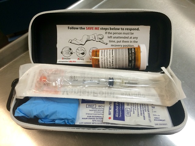 Naloxone is an opioid-blocking drug that has been used to quickly reverse heroin, morphine, OxyContin®, and other opioid overdoses. Naloxone kits are in use in Vancouver in response to the rash of overdose events from drugs laced with fentanyl. Photo credit: Tiffany Akins.