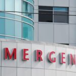 Close up of red emergency sign on hospital building